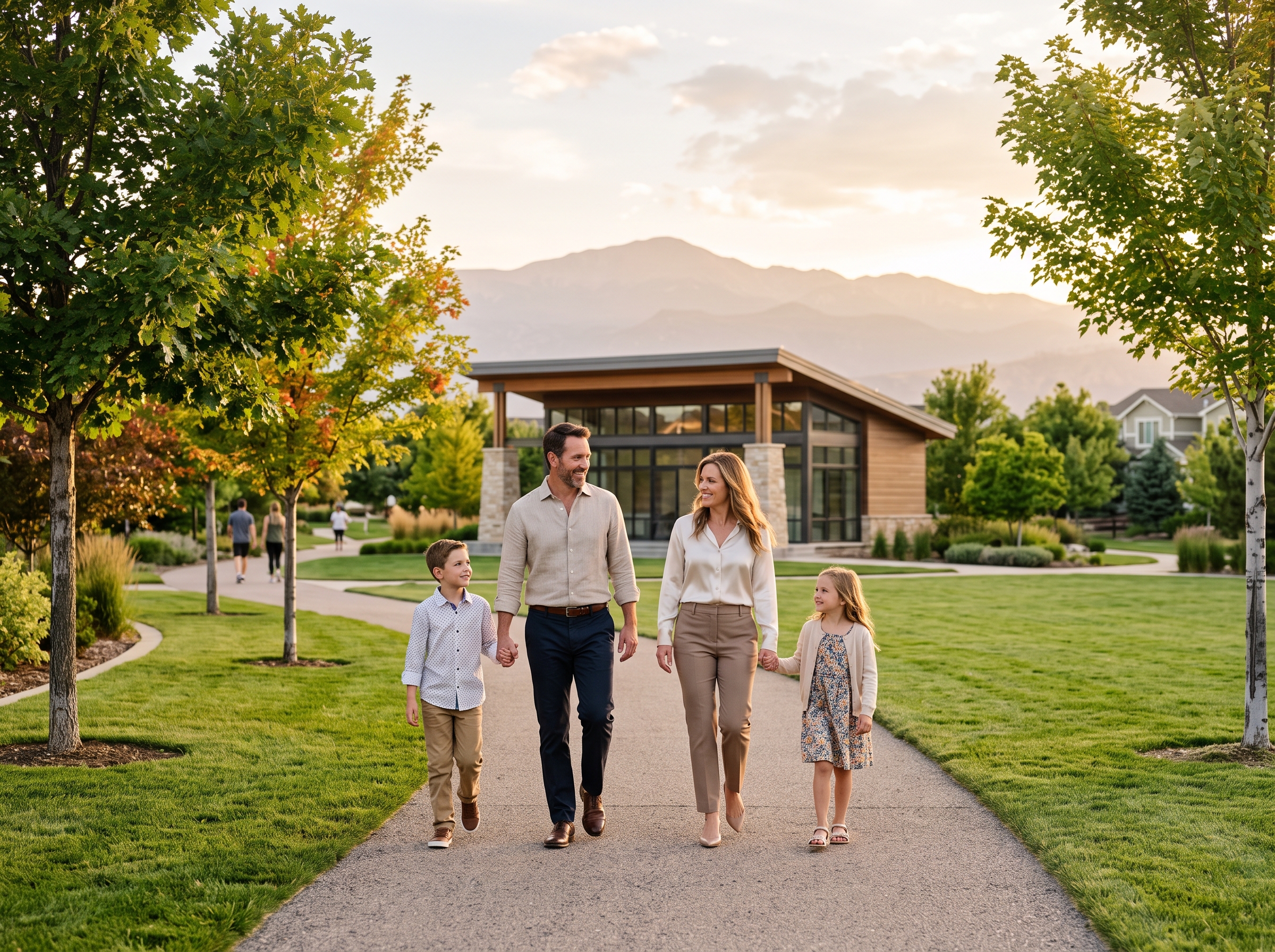 Family walking in a Centennial Colorado park with Front Range views