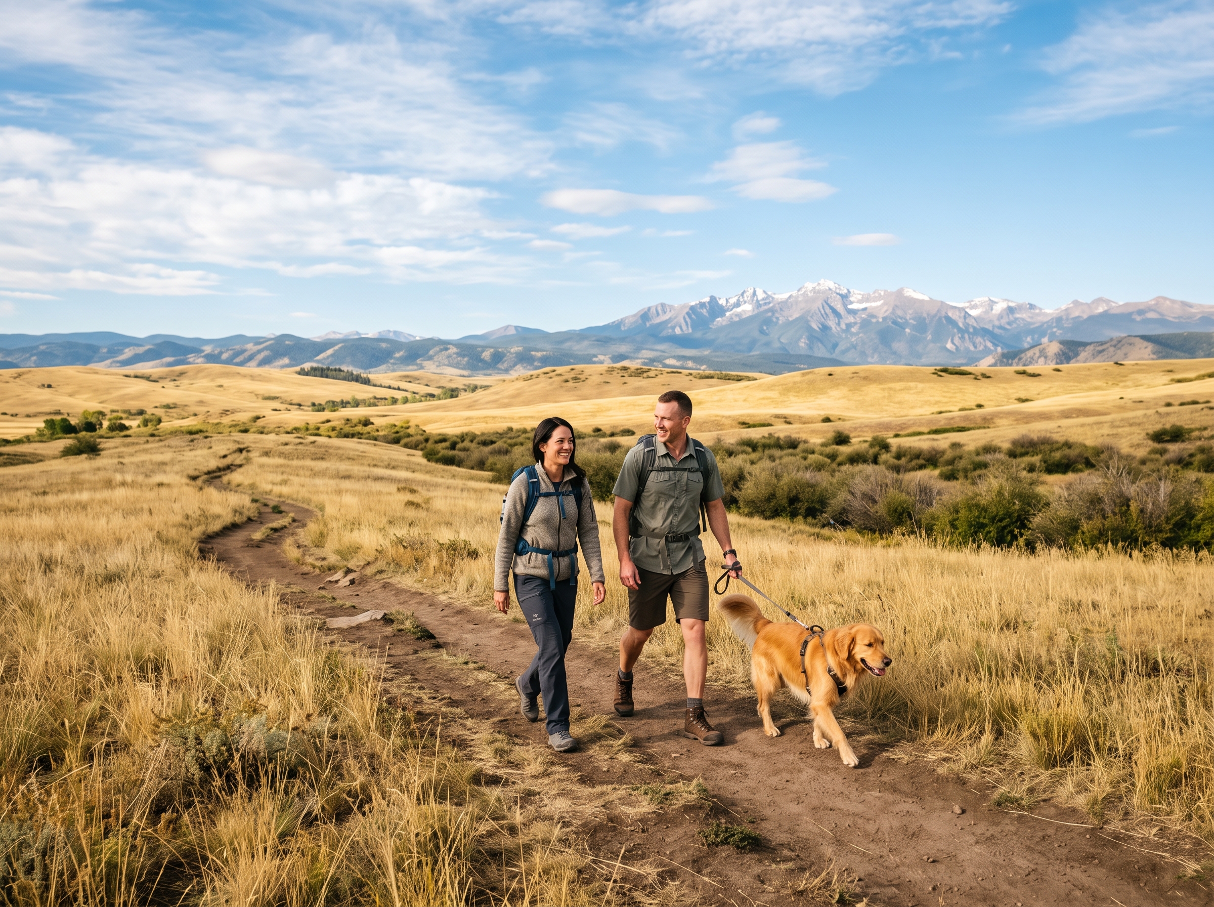 Couple hiking a Highlands Ranch Colorado backcountry open-space trail