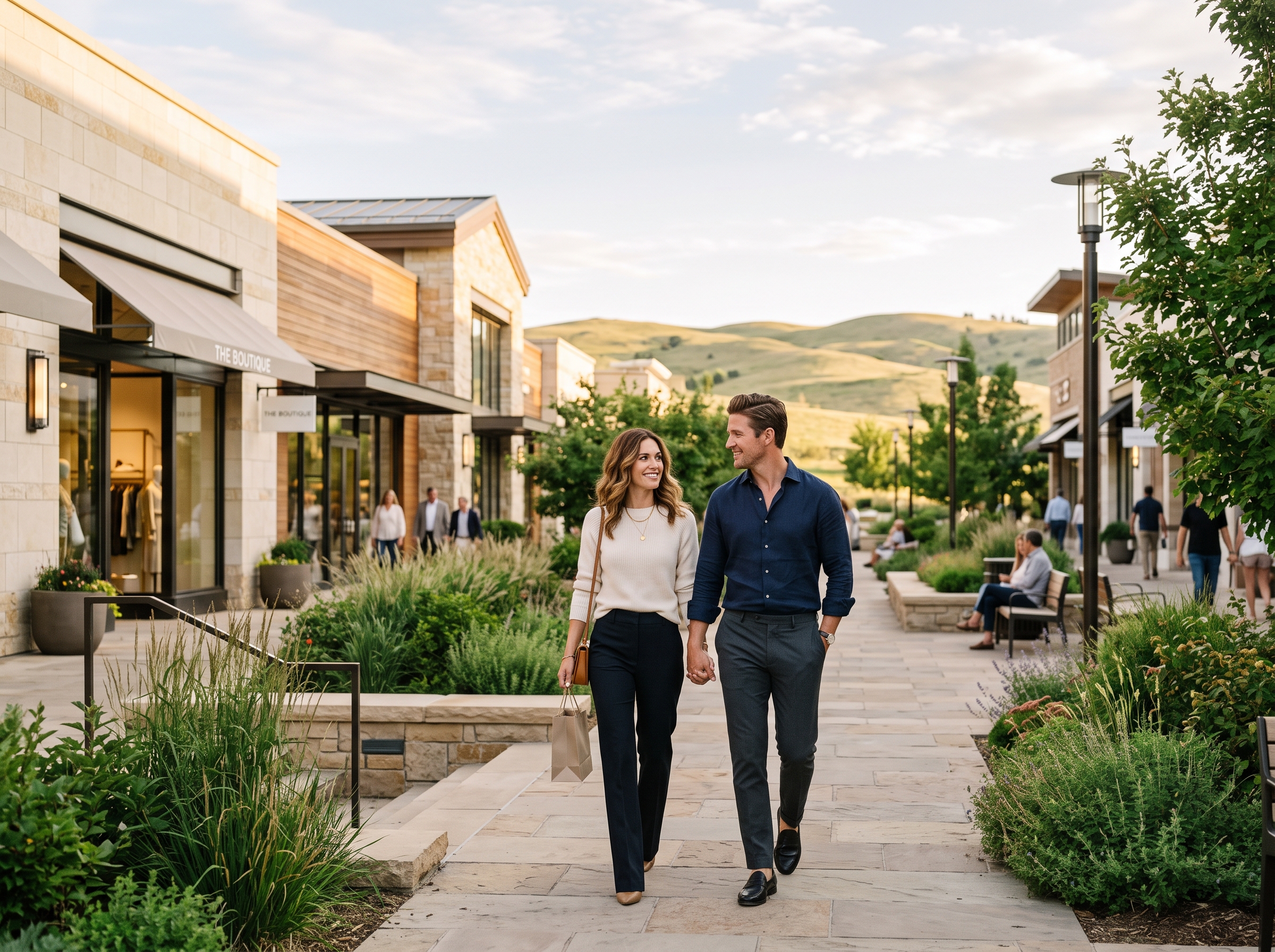 Couple walking an upscale Lone Tree Colorado shopping promenade near the bluffs
