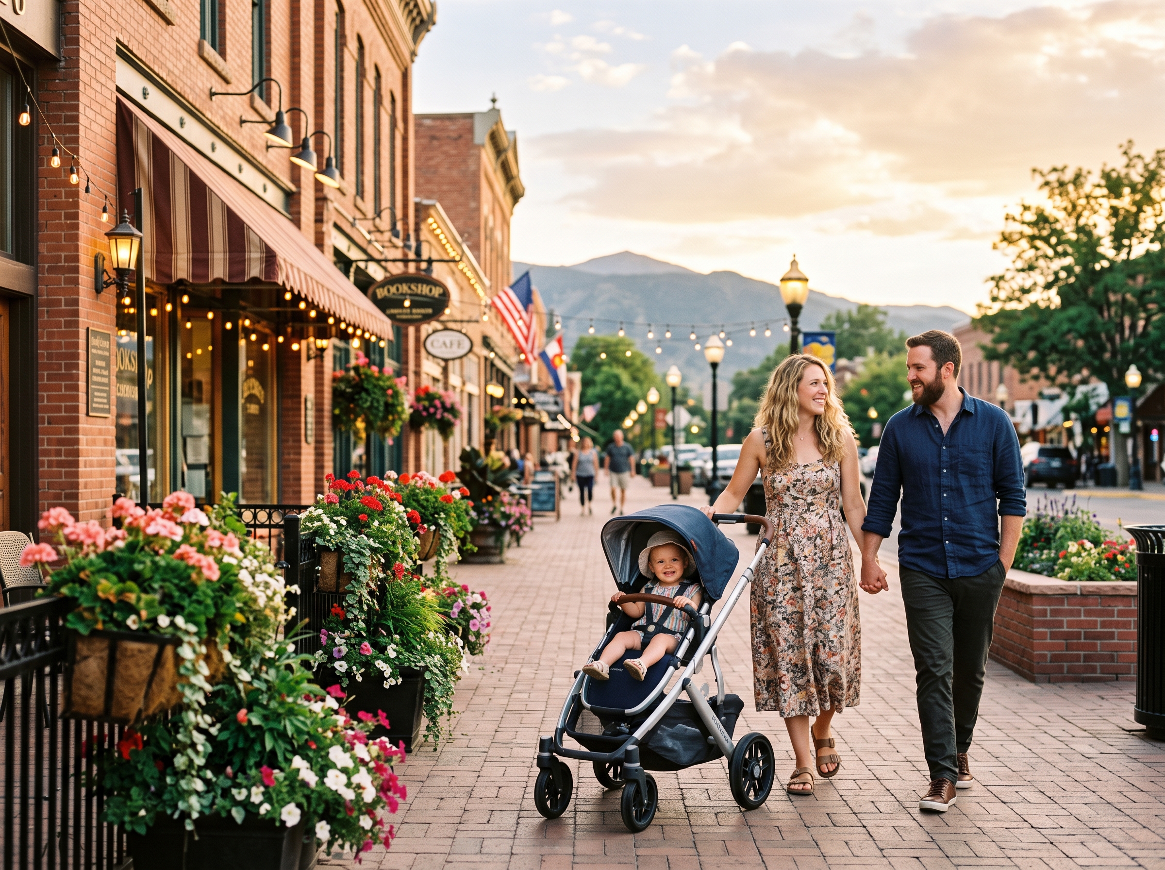 Family strolling historic Mainstreet in Parker Colorado