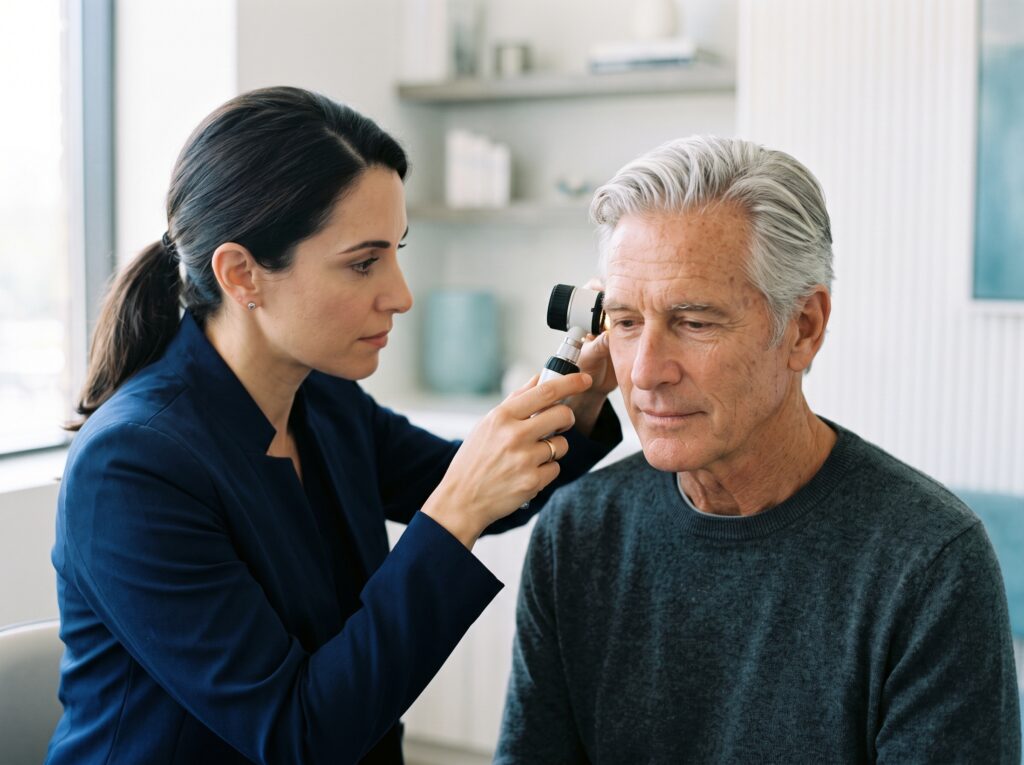 Provider examining sun-damaged skin with a dermatoscope for actinic keratoses