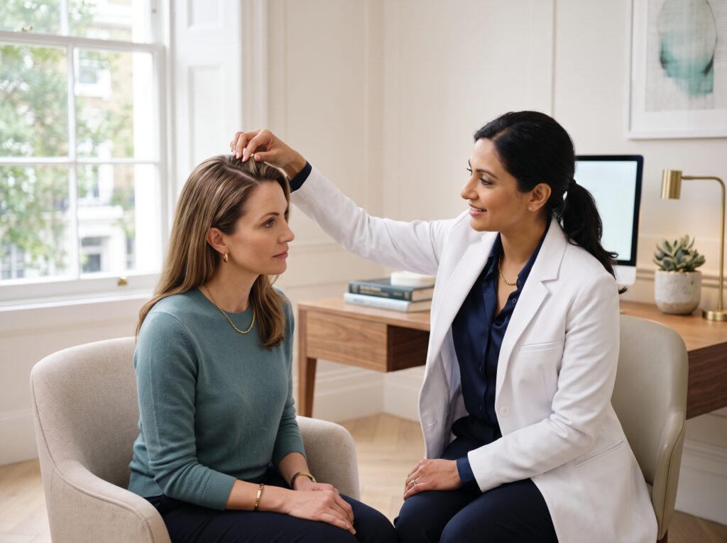 Dermatology provider examining a woman's hairline during a hair loss consultation in Denver