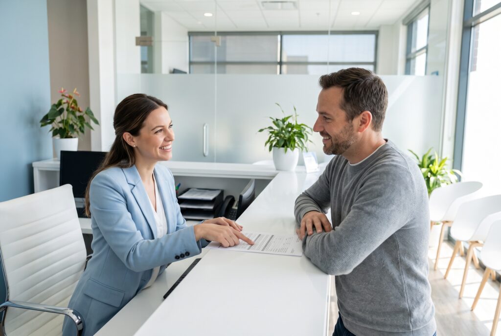 Patient coordinator explaining dermatology pricing and insurance at the front desk