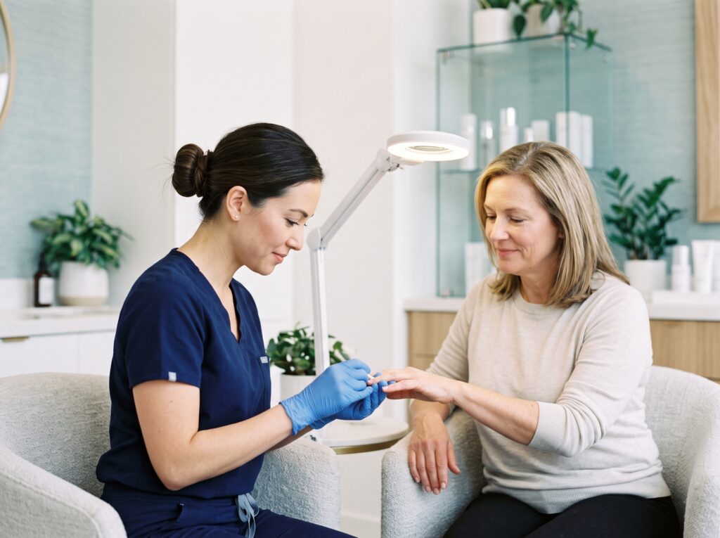 Dermatology provider examining a patient's nails for nail fungus