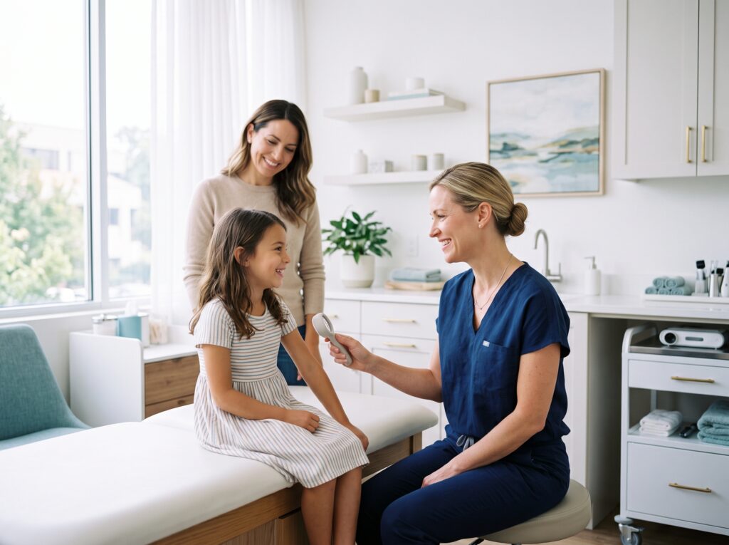 Pediatric dermatology visit with a child and parent at Colorado Skin & Vein