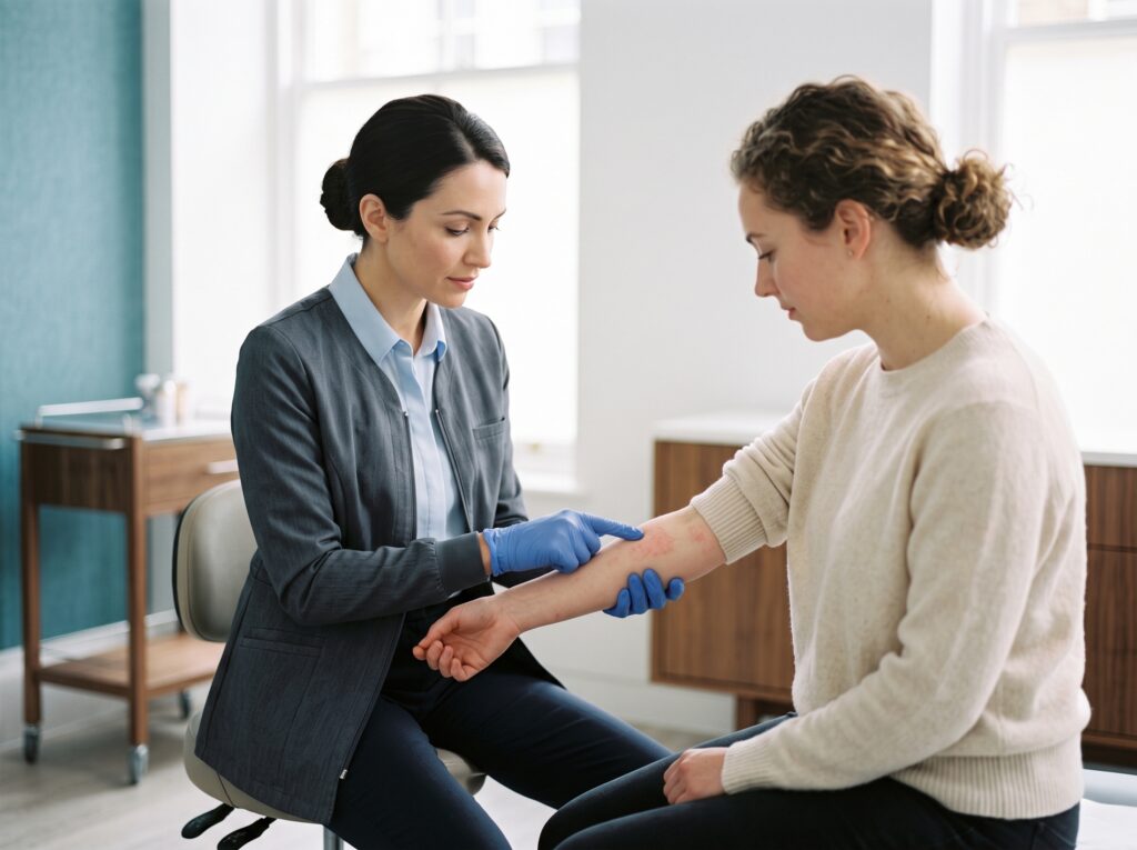 Dermatology provider examining a rash on a patient's forearm
