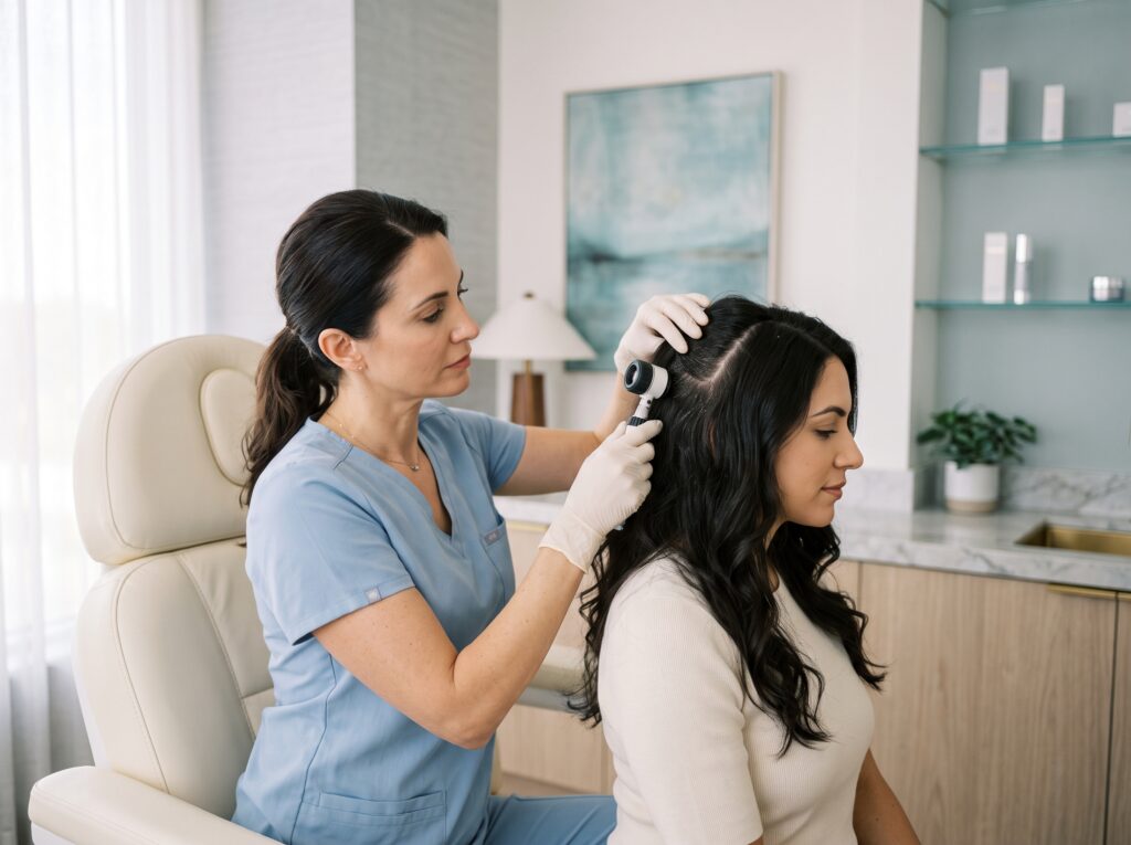 Provider examining a patient's scalp for seborrheic dermatitis and dandruff