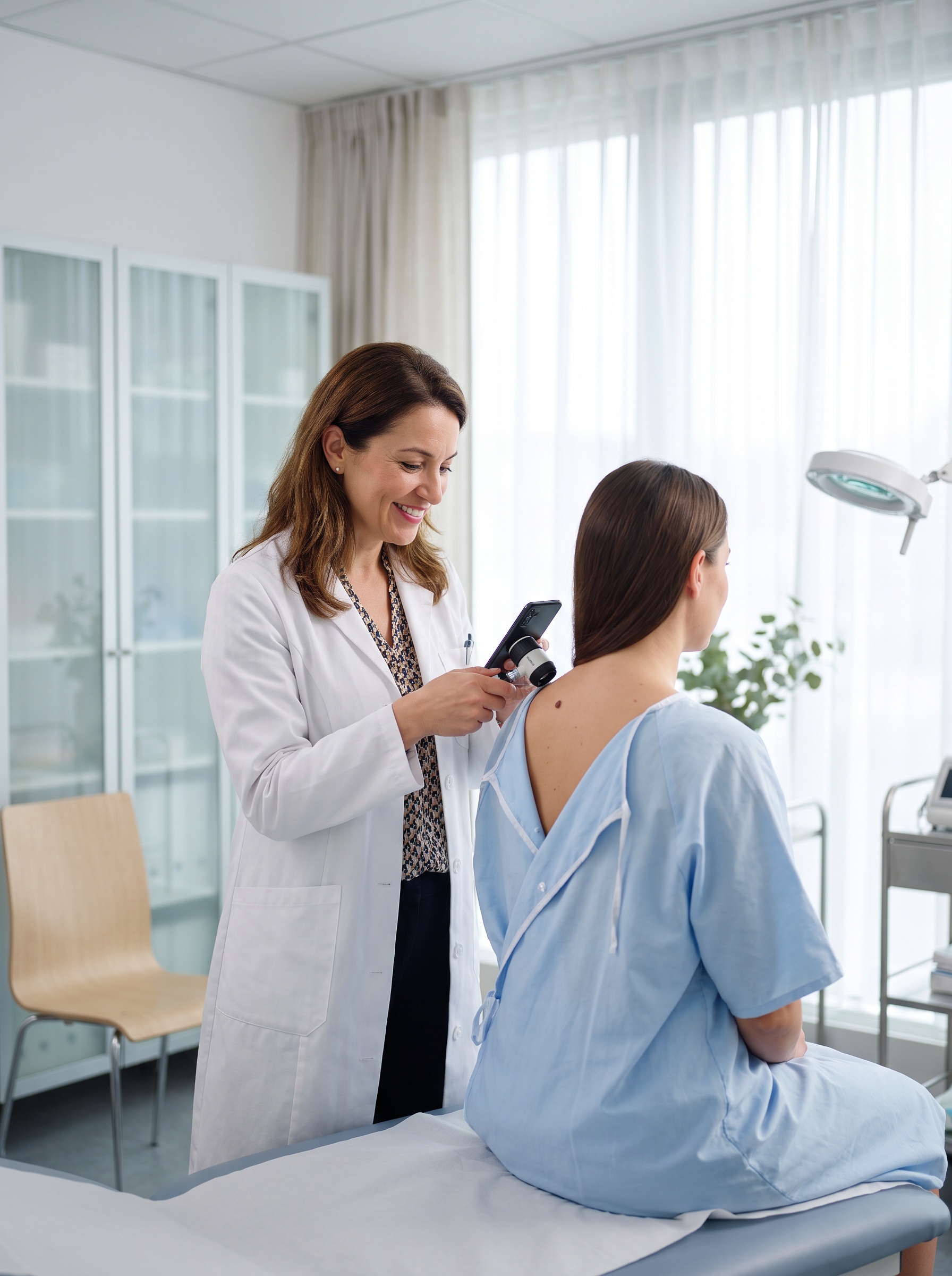 Dermatology provider examining a patient's mole with a dermatoscope at Colorado Skin & Vein in Denver