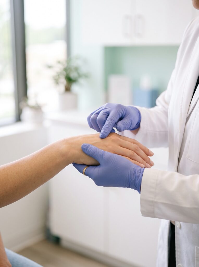 Dermatology provider in gloves examining a patient's hand during a warts and skin infection visit in Denver