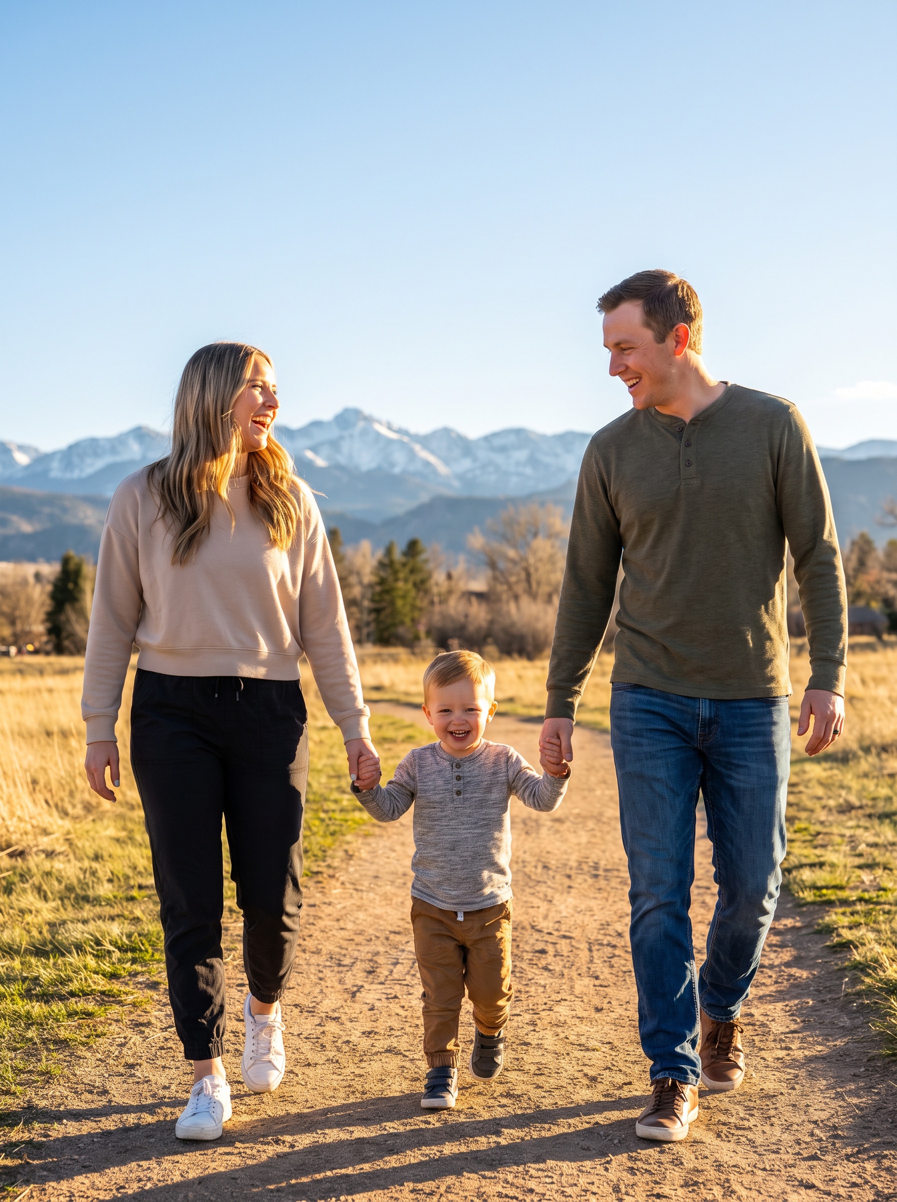 Family walking in Colorado sunshine with healthy skin