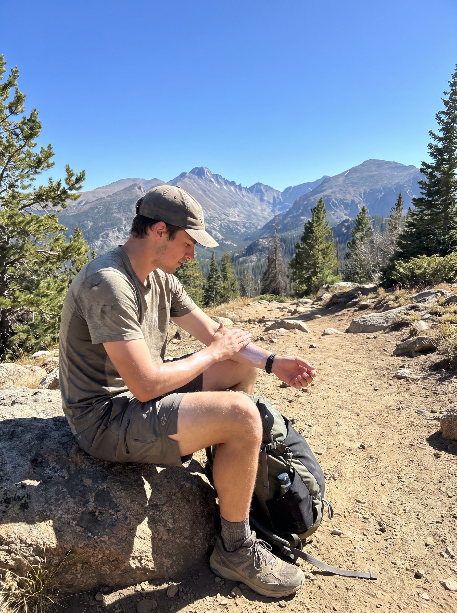 Man applying sunscreen while hiking in the Colorado mountains