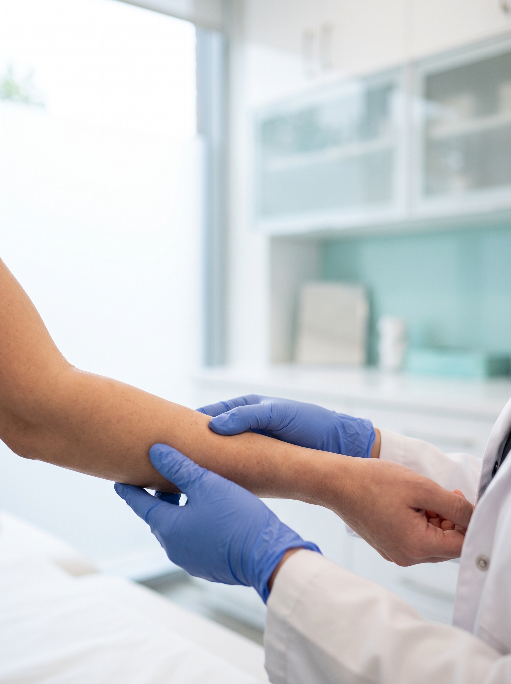 Dermatology provider examining skin on a patient's forearm