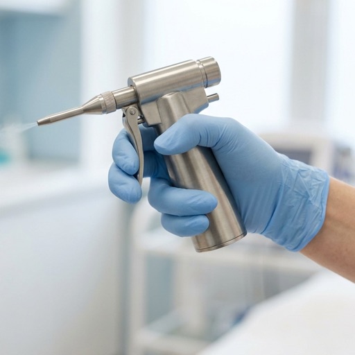 Gloved dermatology provider holding a liquid nitrogen cryotherapy spray device