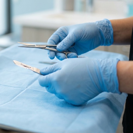 Gloved dermatology provider holding sterile snips and a shave blade on a treatment tray