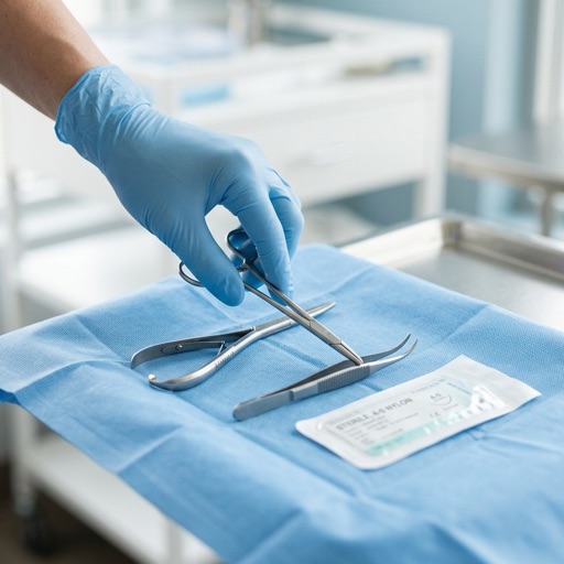 Sterile excision tray with needle holder, forceps and sutures beside a gloved provider's hand