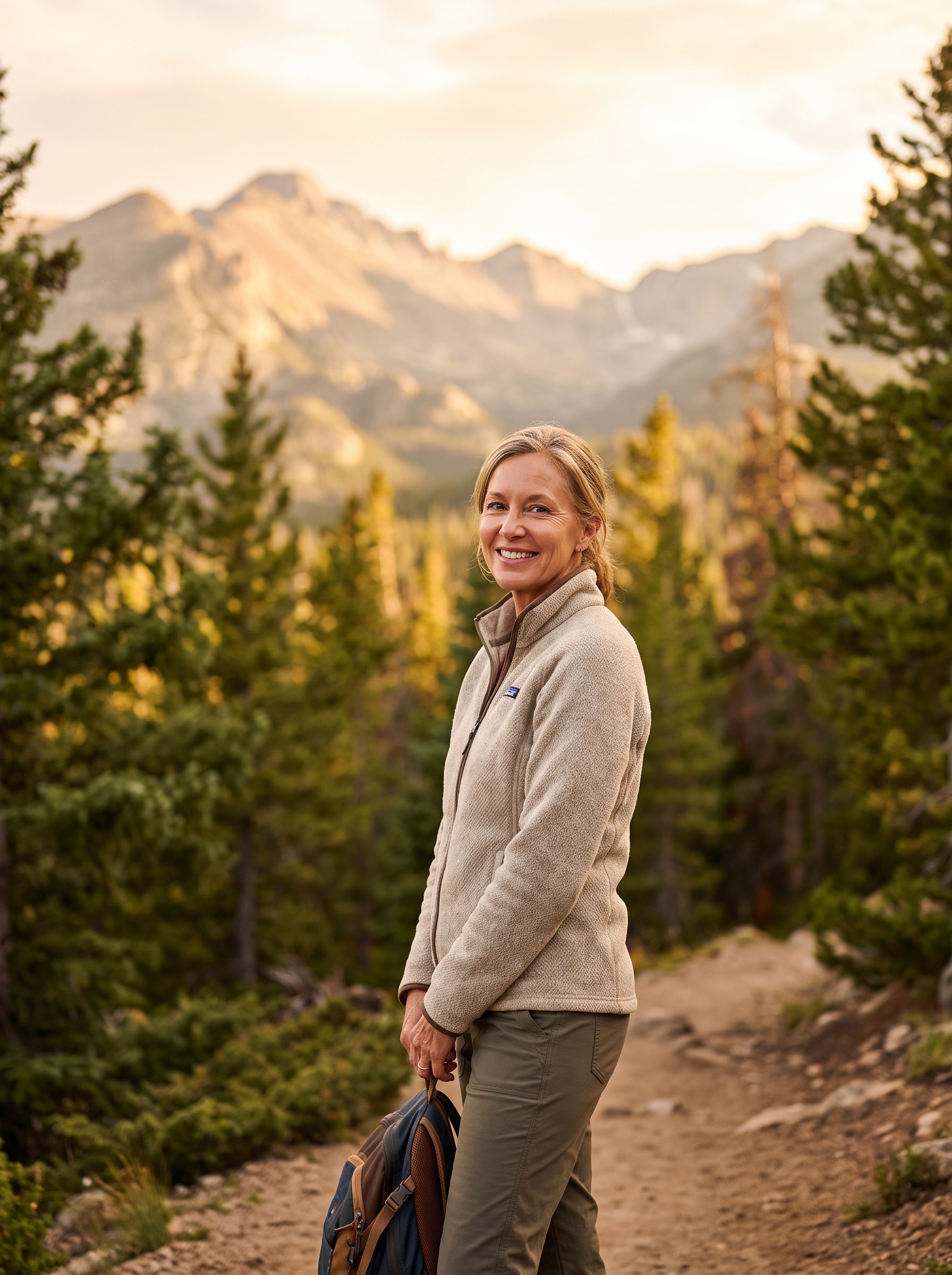 Woman with healthy skin on a Colorado mountain trail at golden hour